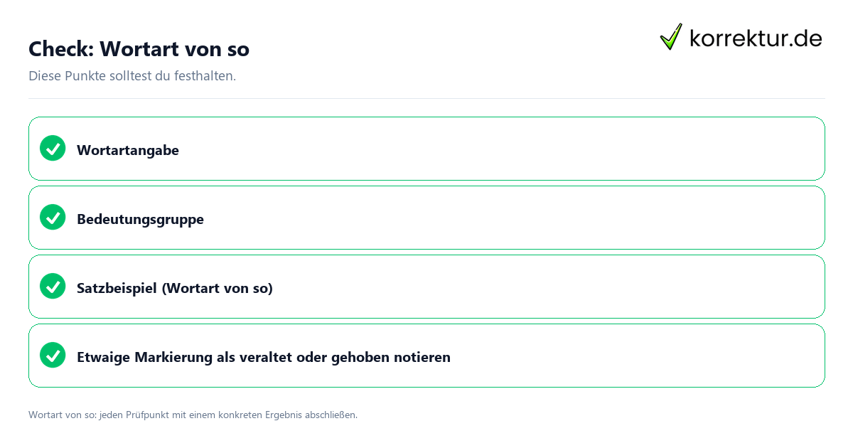 Wortart von so mit einer themenspezifischen Checkliste