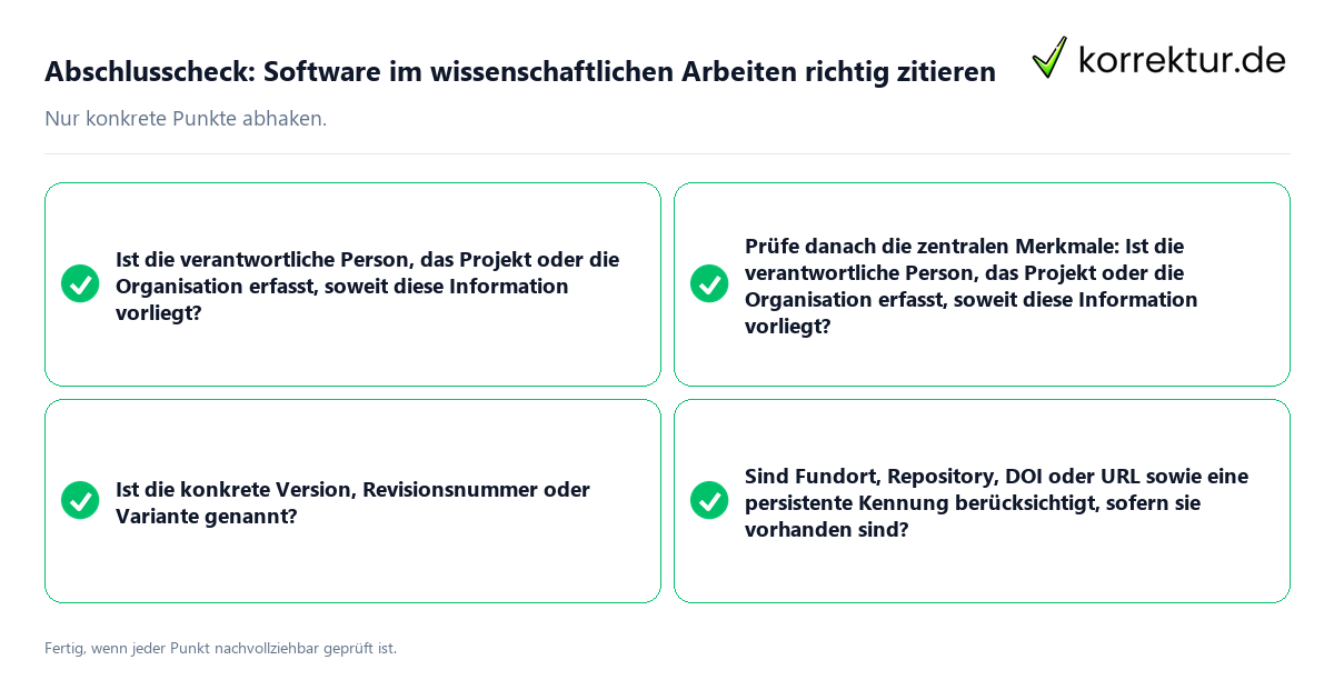 Konkreter Abschlusscheck zu Software im wissenschaftlichen Arbeiten richtig zitieren