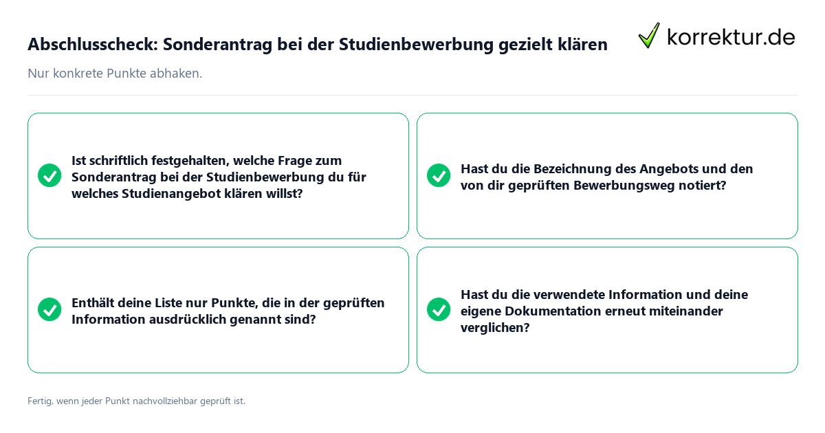 Konkreter Abschlusscheck zu Sonderantrag bei der Studienbewerbung gezielt klären