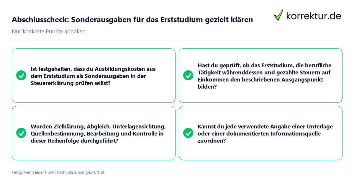 Abschlusscheck: Sonderausgaben für das Erststudium gezielt klären Konkreter Abschlusscheck zu Sonderausgaben für das Erststudium gezielt klären