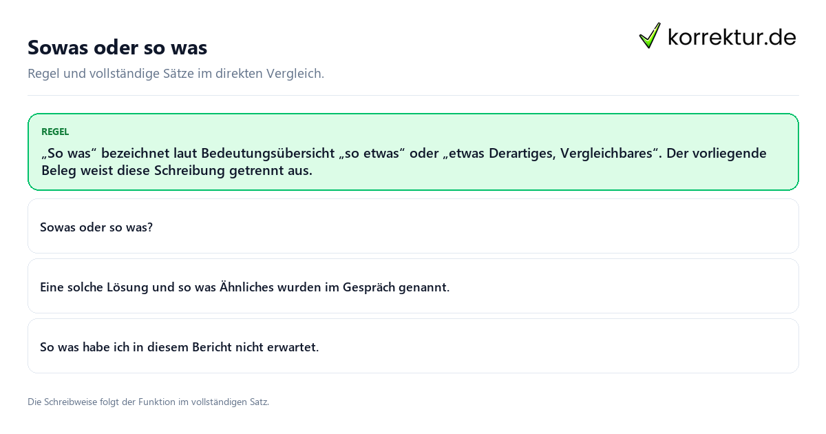 Konkrete Regel und vollständige Beispielsätze zu Sowas oder so was