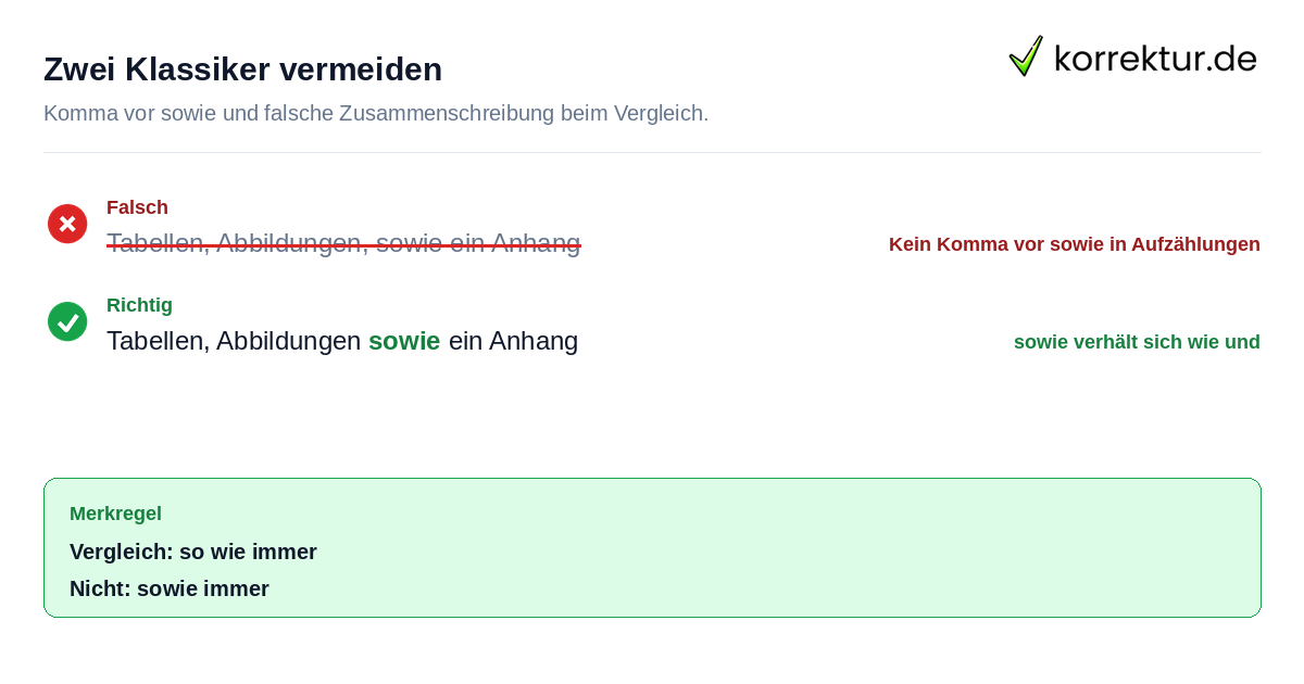 Zwei Klassiker vermeiden Häufiger Fehler bei sowie: Komma und Zusammenschreibung korrigiert