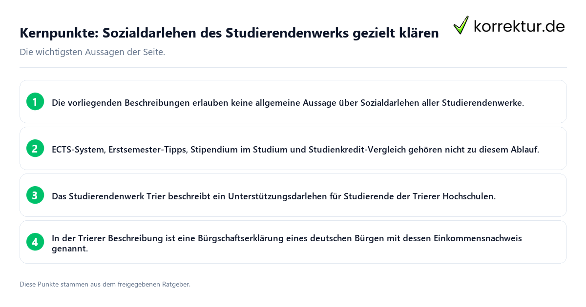 Kernpunkte: Sozialdarlehen des Studierendenwerks gezielt klären Konkrete Kernpunkte zu Sozialdarlehen des Studierendenwerks gezielt klären