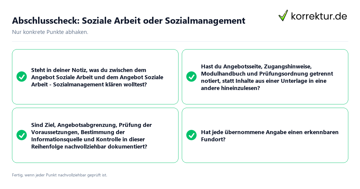 Konkreter Abschlusscheck zu Soziale Arbeit oder Sozialmanagement