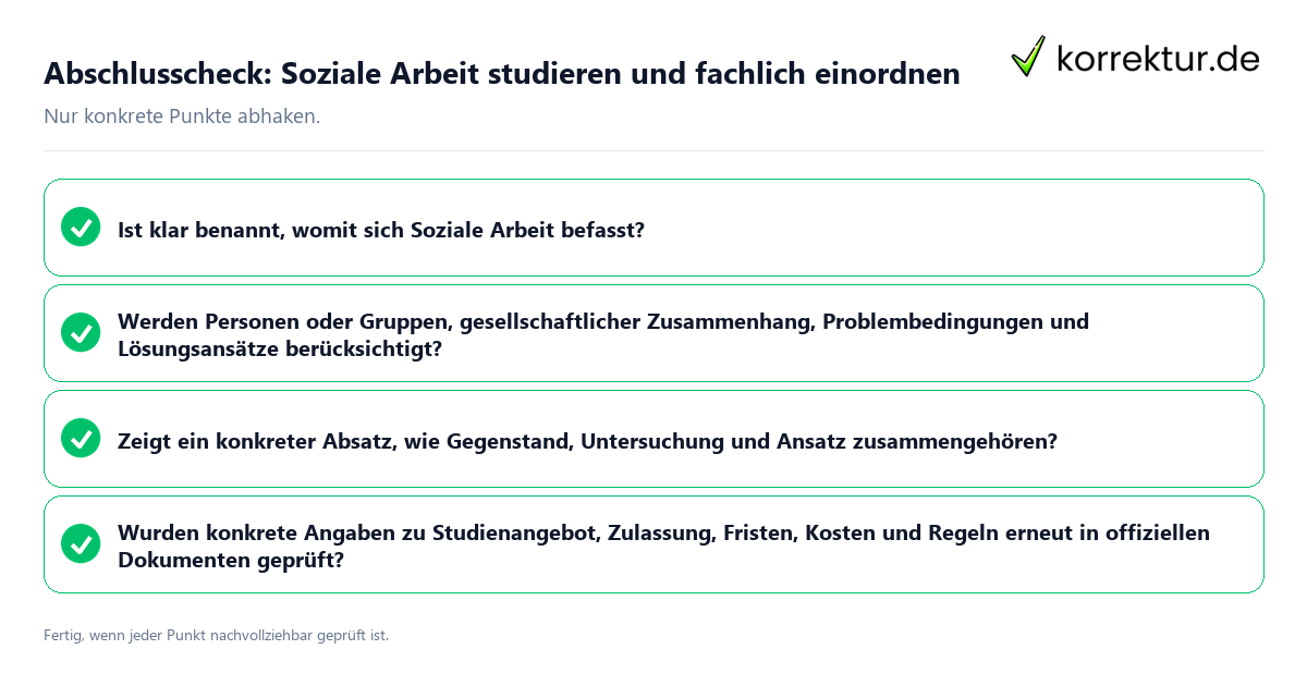 Konkreter Abschlusscheck zu Soziale Arbeit studieren und fachlich einordnen
