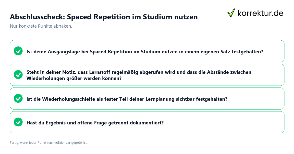Konkreter Abschlusscheck zu Spaced Repetition im Studium nutzen