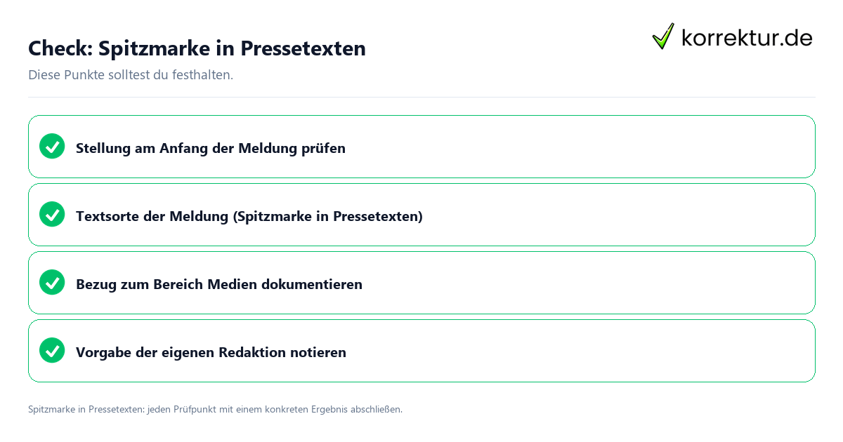 Spitzmarke in Pressetexten mit einer themenspezifischen Checkliste