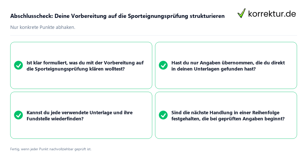 Konkreter Abschlusscheck zu Deine Vorbereitung auf die Sporteignungsprüfung strukturieren
