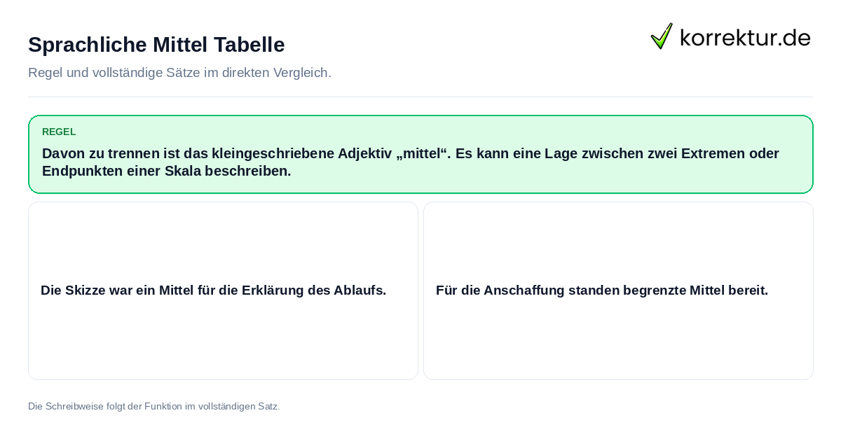 Konkrete Regel und vollständige Beispielsätze zu Sprachliche Mittel Tabelle