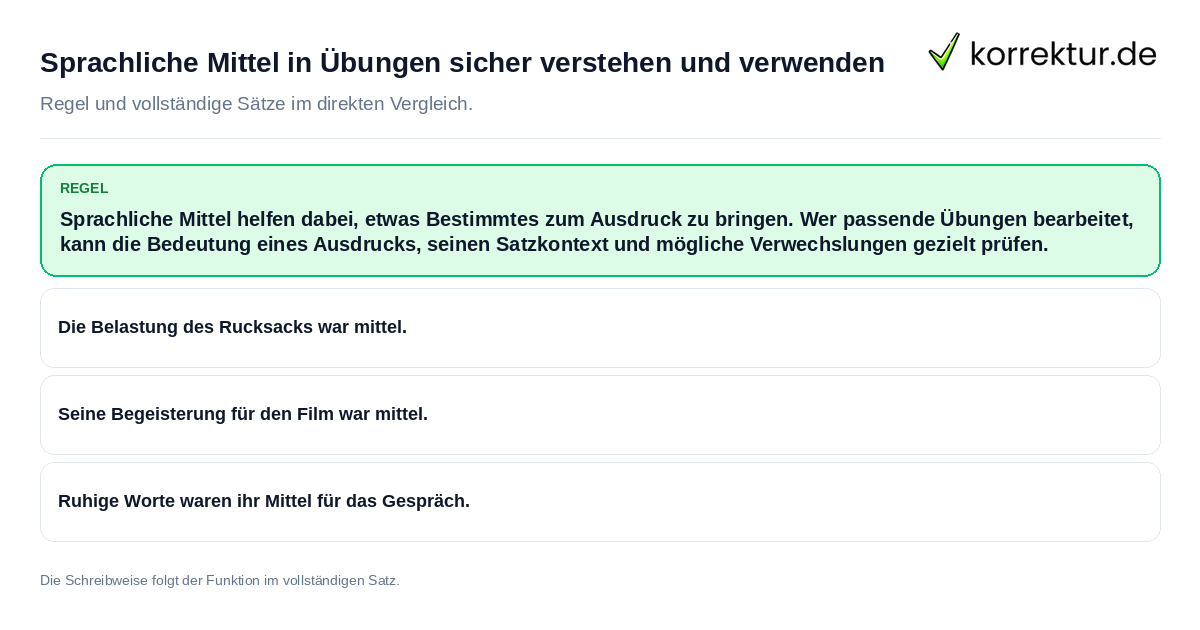 Sprachliche Mittel in Übungen sicher verstehen und verwenden Konkrete Regel und vollständige Beispielsätze zu Sprachliche Mittel in Übungen sicher verstehen
