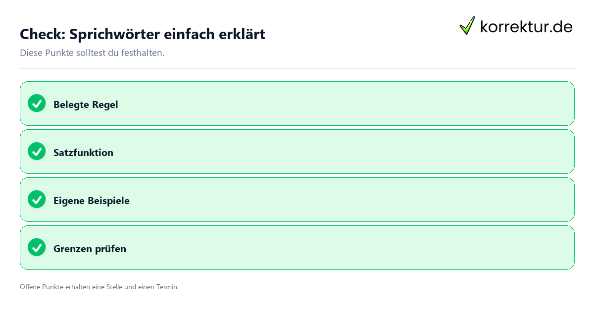 Sprichwörter einfach erklärt mit Checkliste für Unterlagen und nächste Schritte