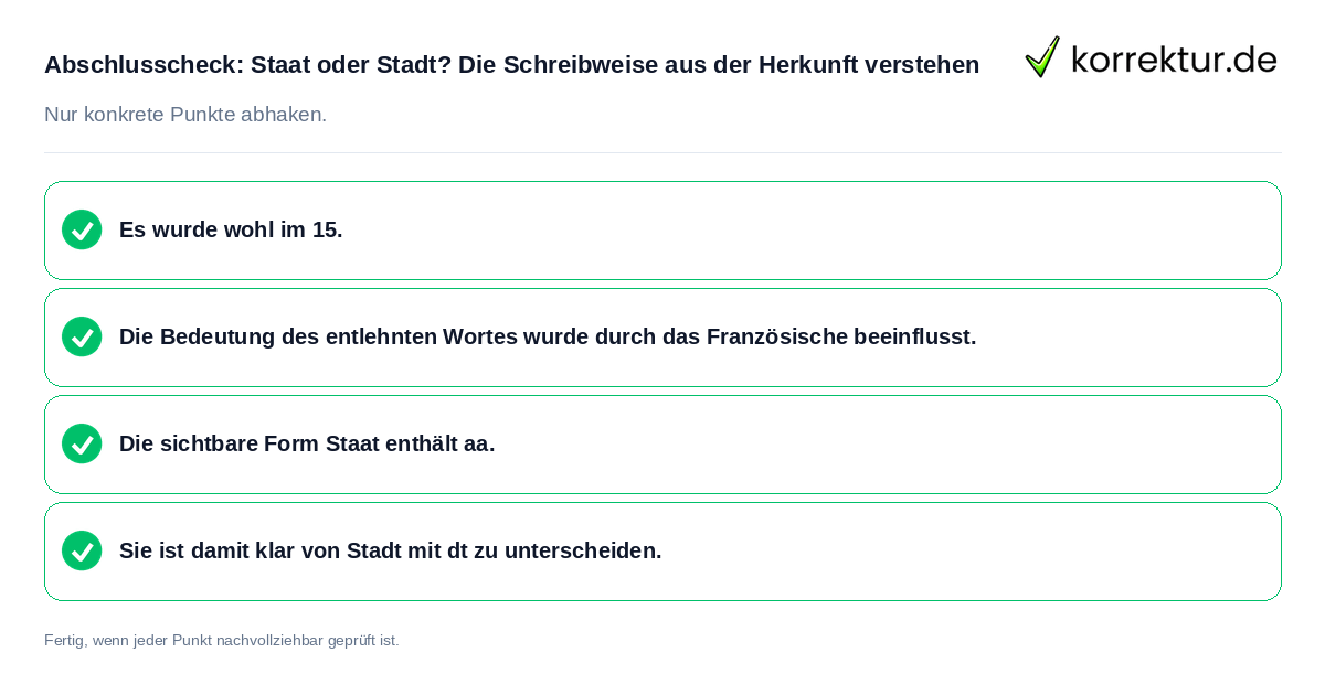 Abschlusscheck: Staat oder Stadt? Die Schreibweise aus der Herkunft verstehen Konkreter Abschlusscheck zu Staat oder Stadt? Die Schreibweise aus der Herkunft verstehen