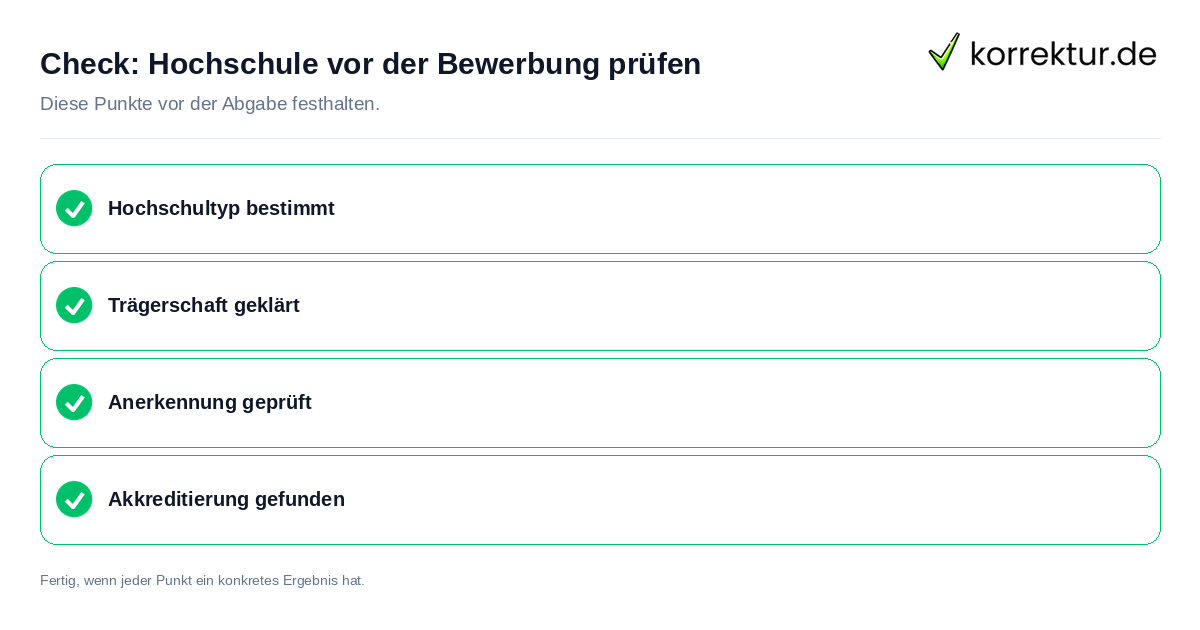 Hochschule vor der Bewerbung prüfen: Prüfliste mit vier Punkten