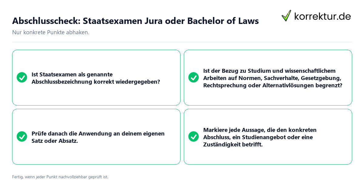 Konkreter Abschlusscheck zu Staatsexamen Jura oder Bachelor of Laws