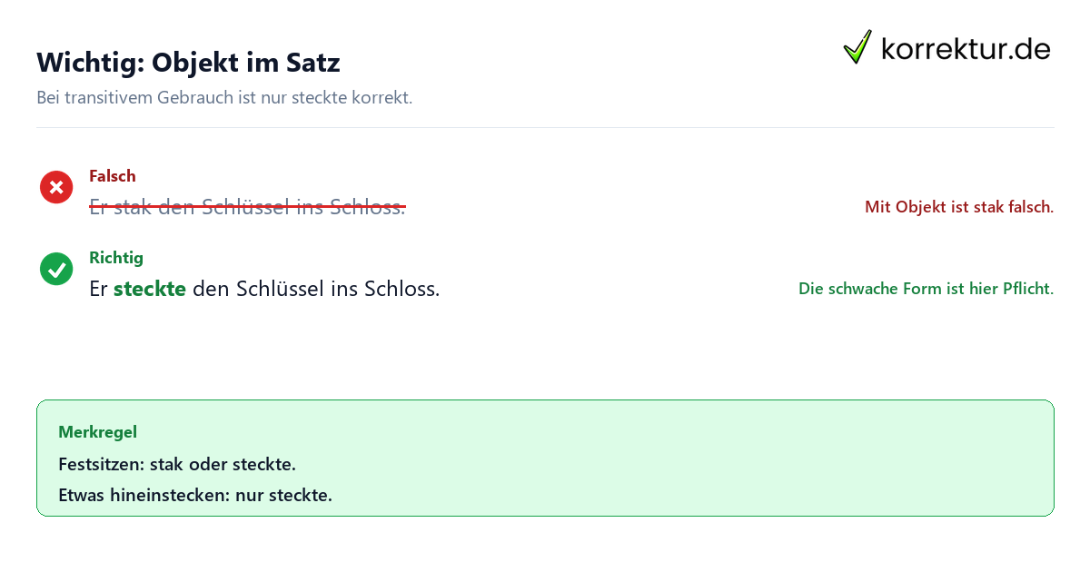 Wichtig: Objekt im Satz Stak oder steckte: transitiver Satz richtig formuliert