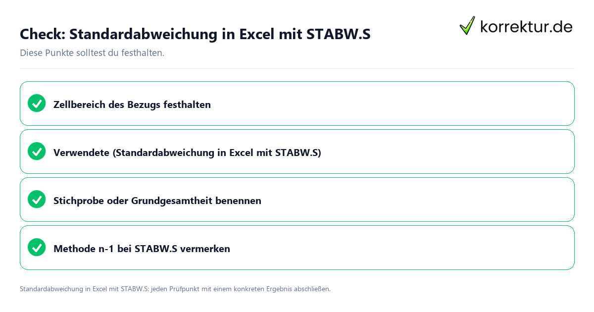 Standardabweichung in Excel mit STABW.S mit einer themenspezifischen Checkliste
