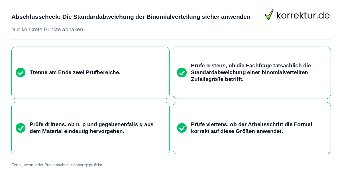 Konkreter Abschlusscheck zu Die Standardabweichung der Binomialverteilung sicher anwenden