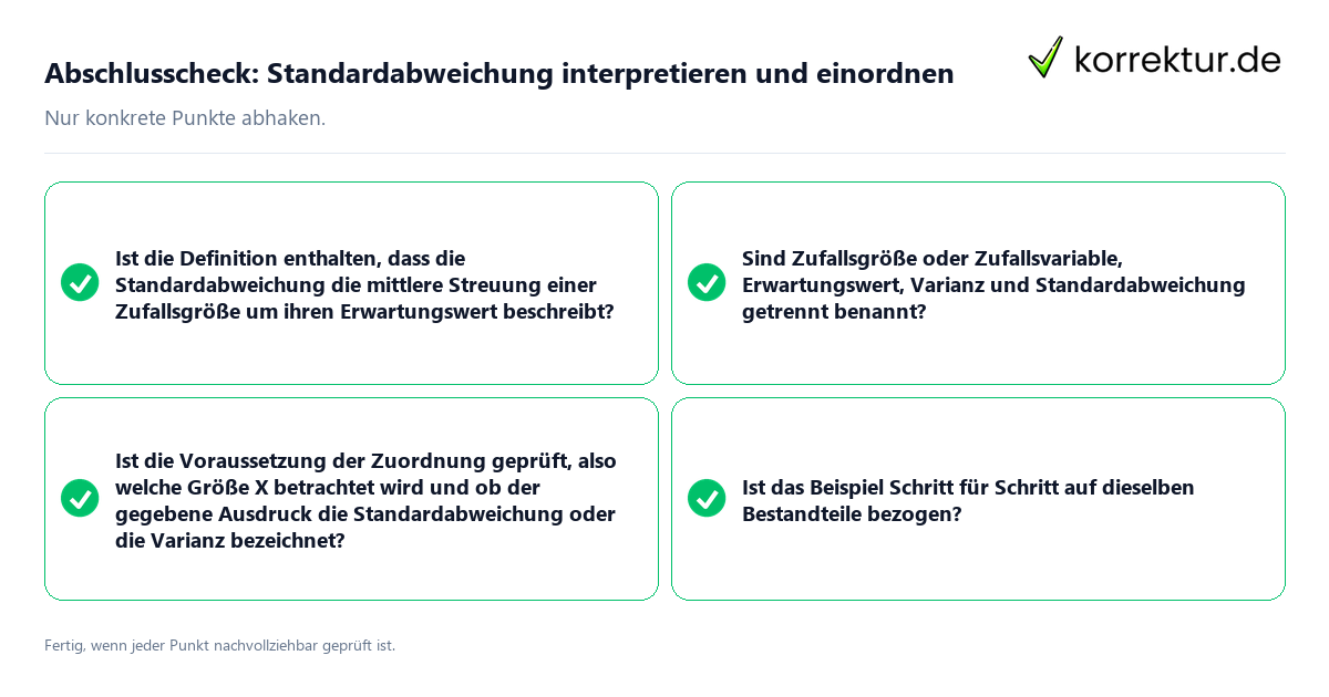 Konkreter Abschlusscheck zu Standardabweichung interpretieren und einordnen
