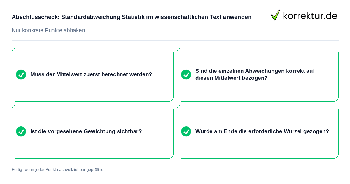 Konkreter Abschlusscheck zu Standardabweichung Statistik im wissenschaftlichen Text anwenden