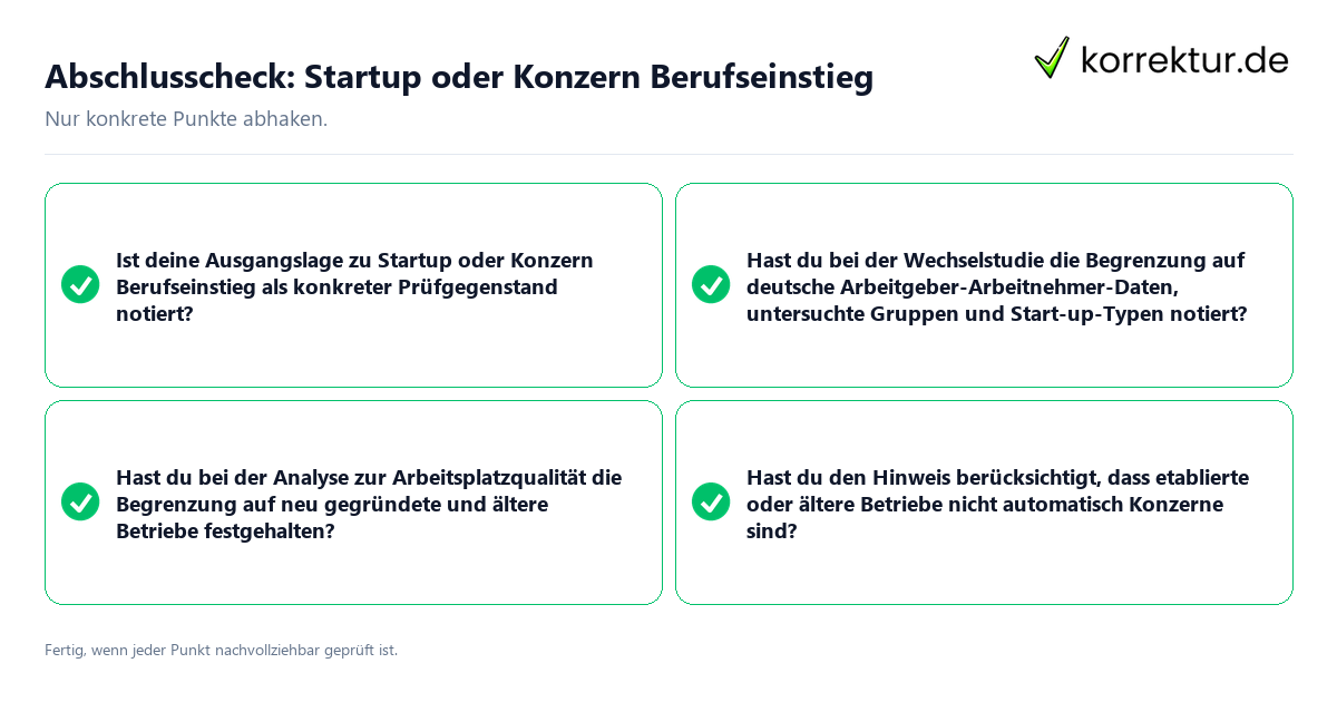 Konkreter Abschlusscheck zu Startup oder Konzern Berufseinstieg