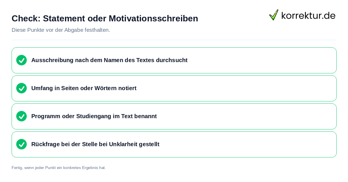 Statement oder Motivationsschreiben: Prüfliste mit vier Punkten