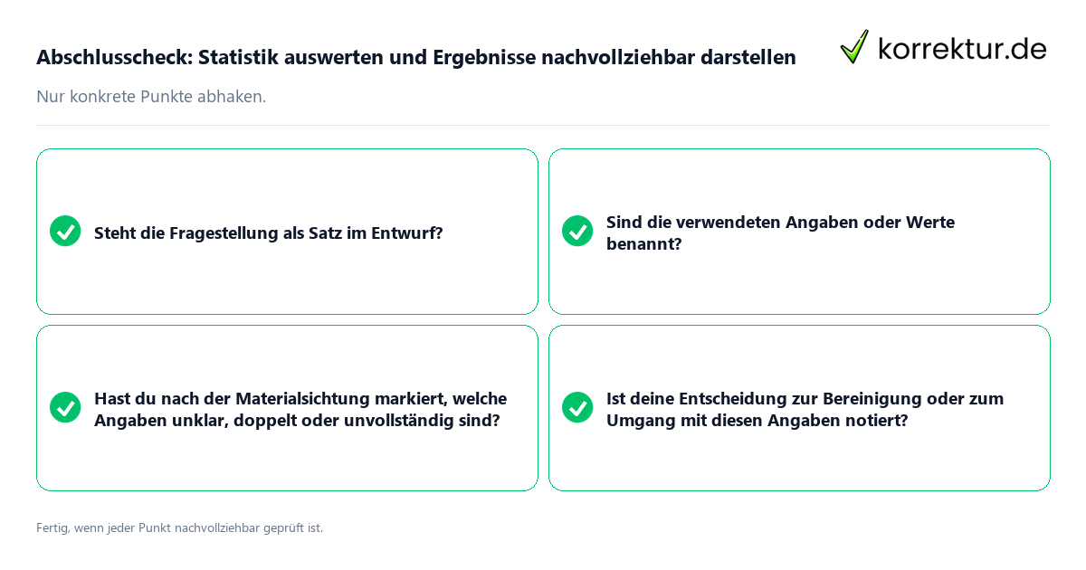 Abschlusscheck: Statistik auswerten und Ergebnisse nachvollziehbar darstellen Konkreter Abschlusscheck zu Statistik auswerten und Ergebnisse nachvollziehbar darstellen