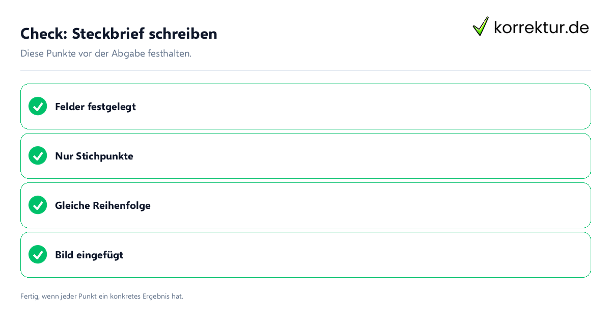 Check: Steckbrief schreiben Steckbrief schreiben: Prüfliste mit vier Punkten