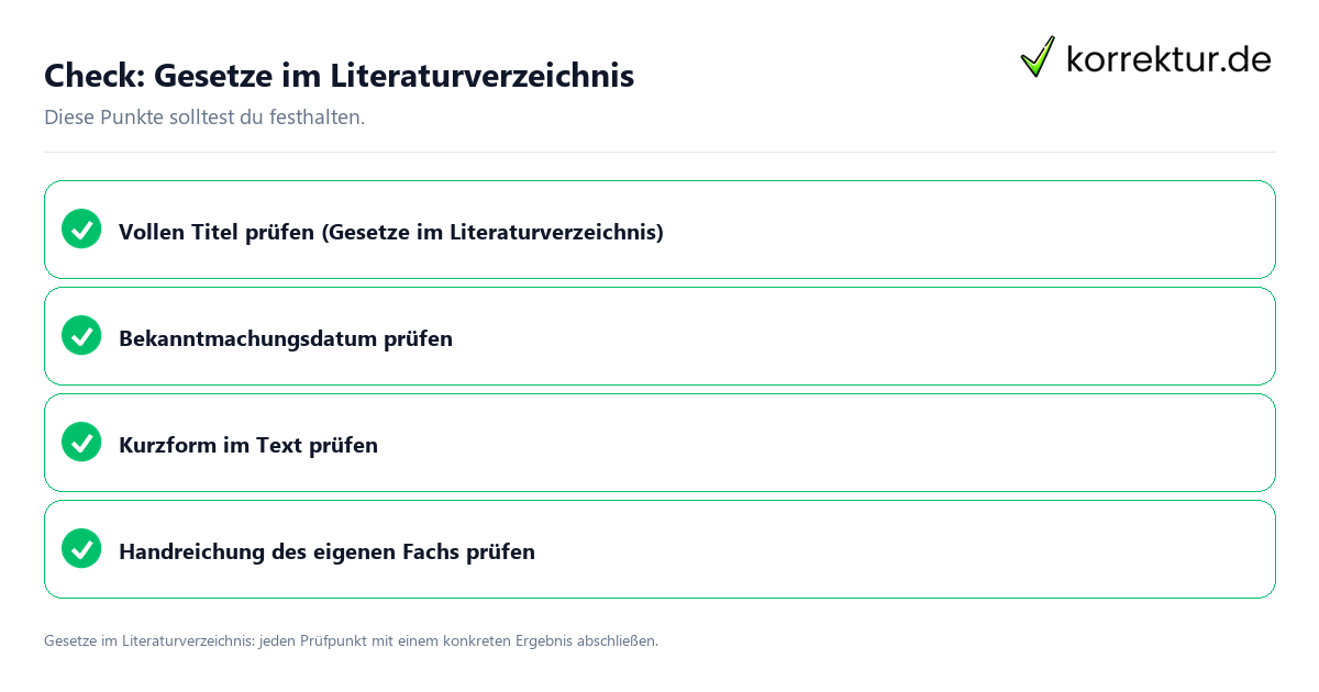 Gesetze im Literaturverzeichnis mit einer themenspezifischen Checkliste