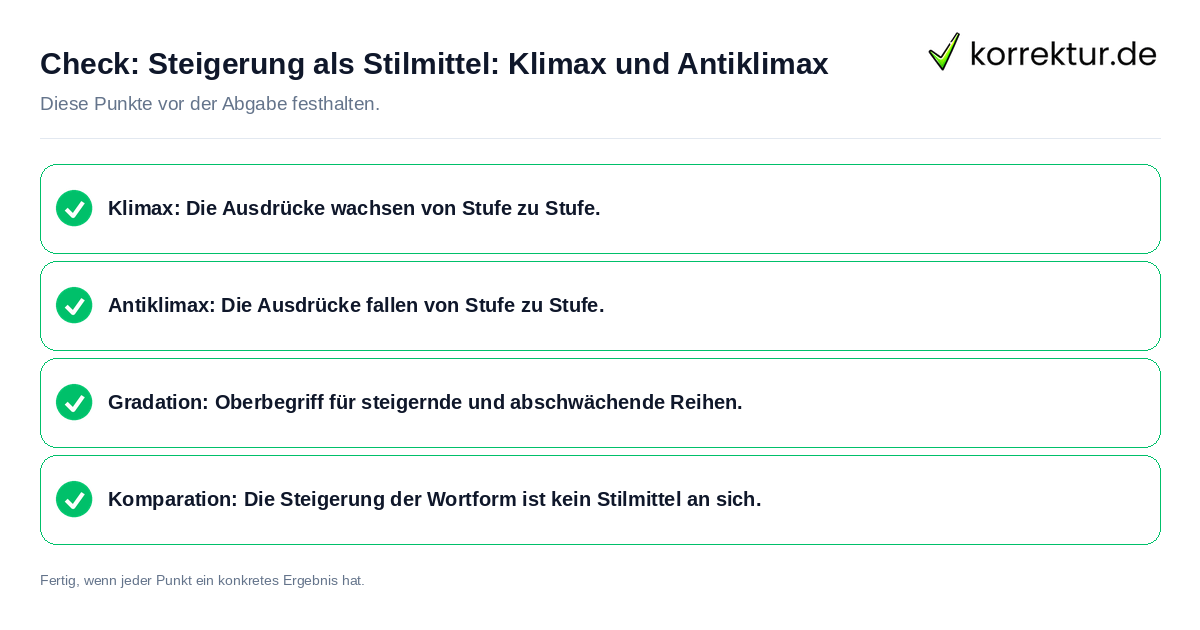 Check: Steigerung als Stilmittel: Klimax und Antiklimax Steigerung als Stilmittel: Klimax und Antiklimax: Prüfliste mit vier Punkten