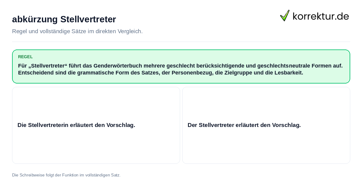 Konkrete Regel und vollständige Beispielsätze zu abkürzung Stellvertreter