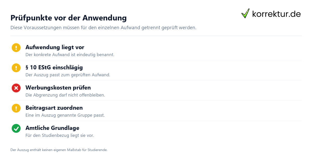 Prüfpunkte vor der Anwendung Steuererklärung für Studierende fachlich einordnen: Voraussetzungen nach § 10 EStG prüfen