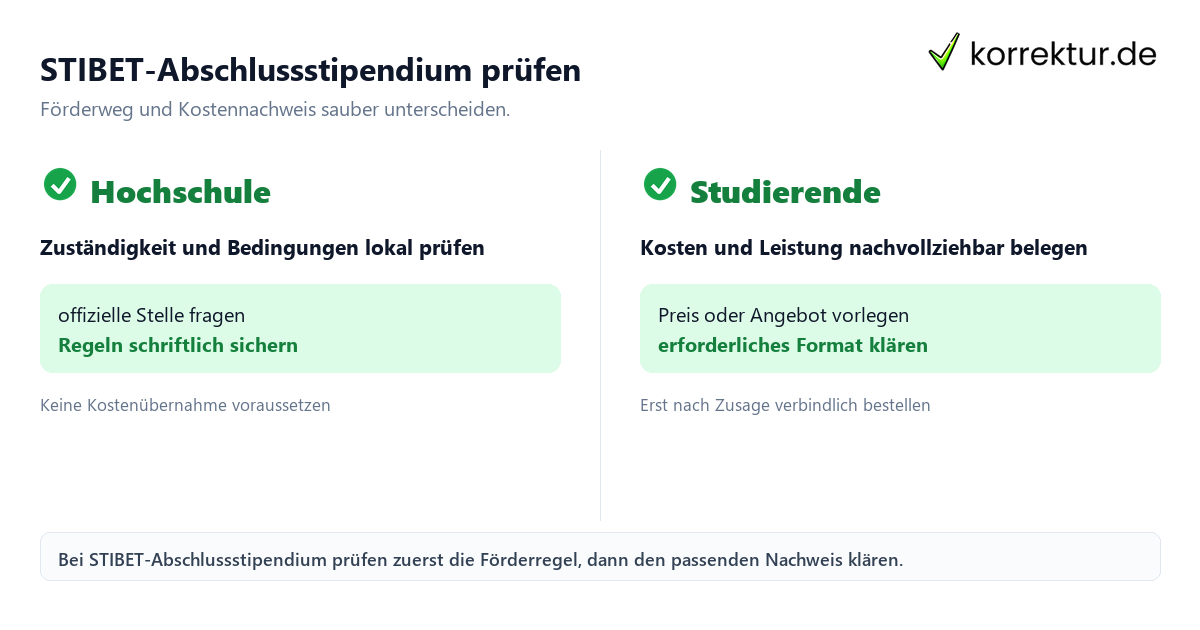 STIBET-Abschlussstipendium prüfen: Förderweg und Kostennachweis im Vergleich