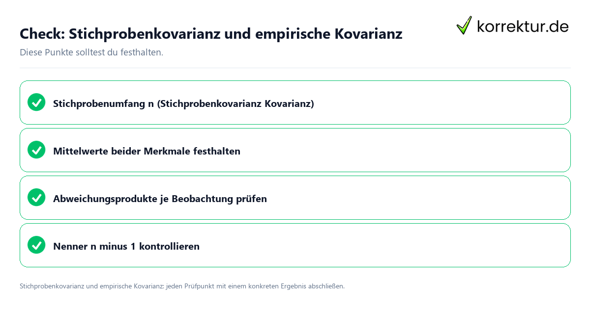 Stichprobenkovarianz und empirische Kovarianz mit einer themenspezifischen Checkliste