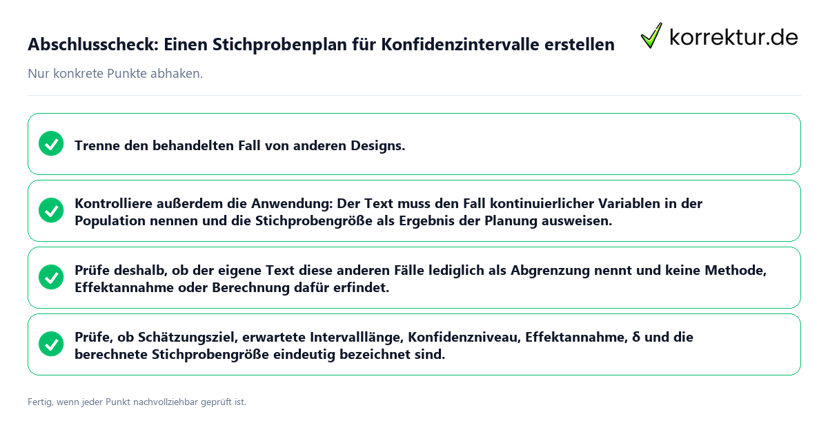 Konkreter Abschlusscheck zu Einen Stichprobenplan für Konfidenzintervalle erstellen