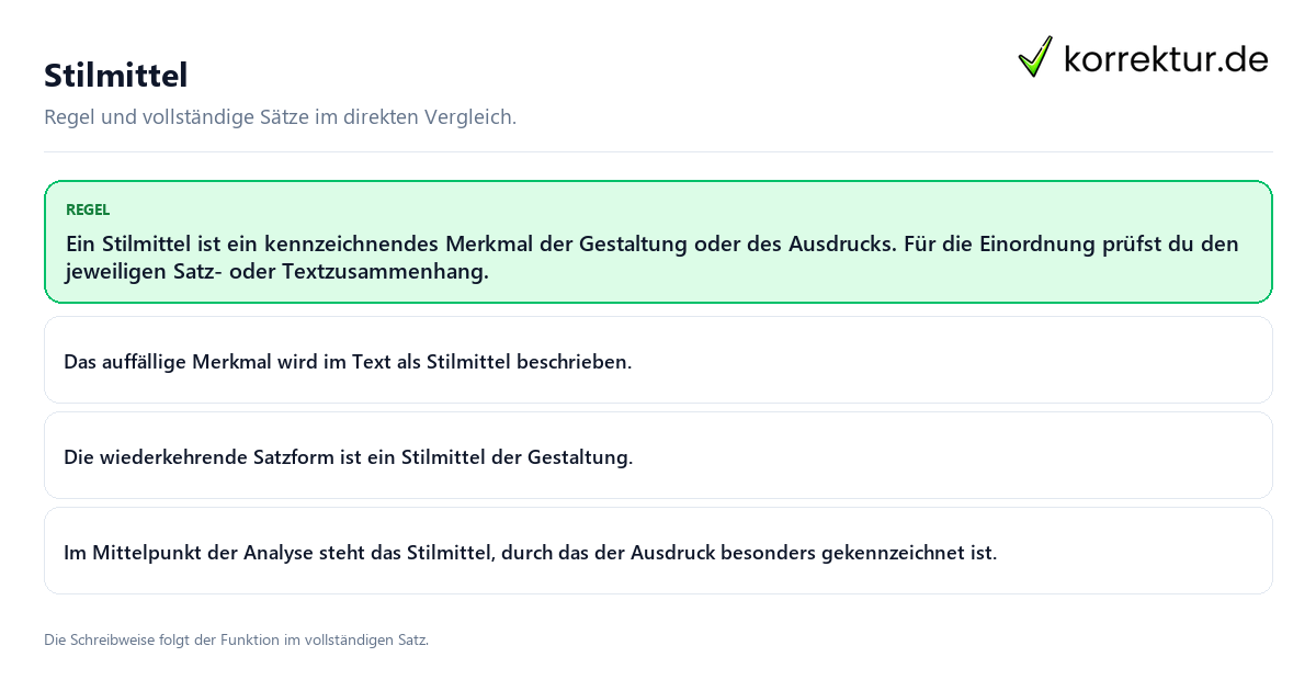 Konkrete Regel und vollständige Beispielsätze zu Stilmittel