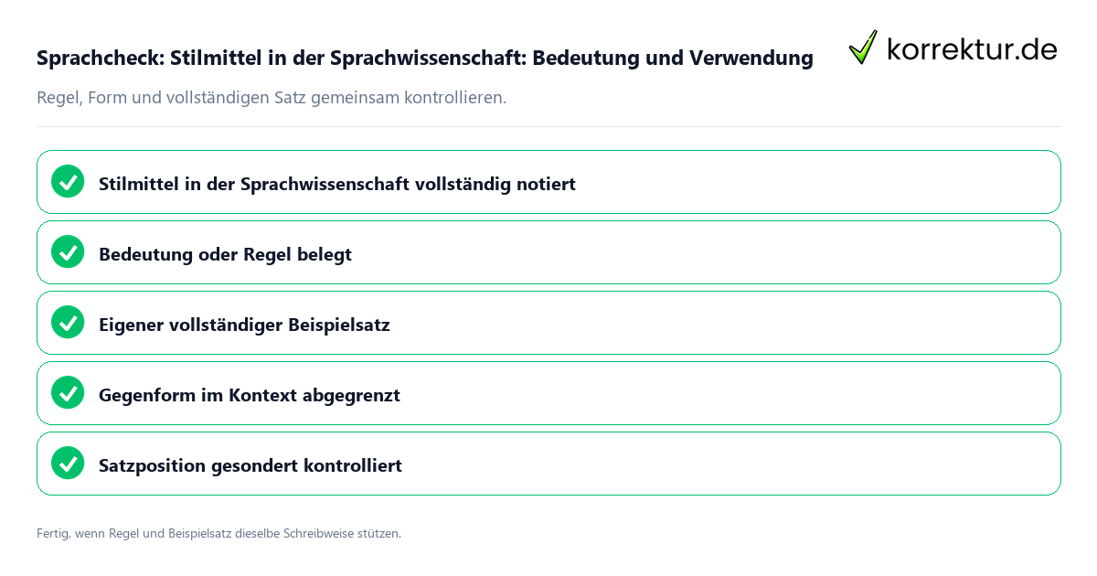 Sprachcheck: Stilmittel in der Sprachwissenschaft: Bedeutung und Verwendung Konkreter Sprachcheck zu Stilmittel in der Sprachwissenschaft: Bedeutung und Verwendung mit Regel und vollständigem Beispielsatz