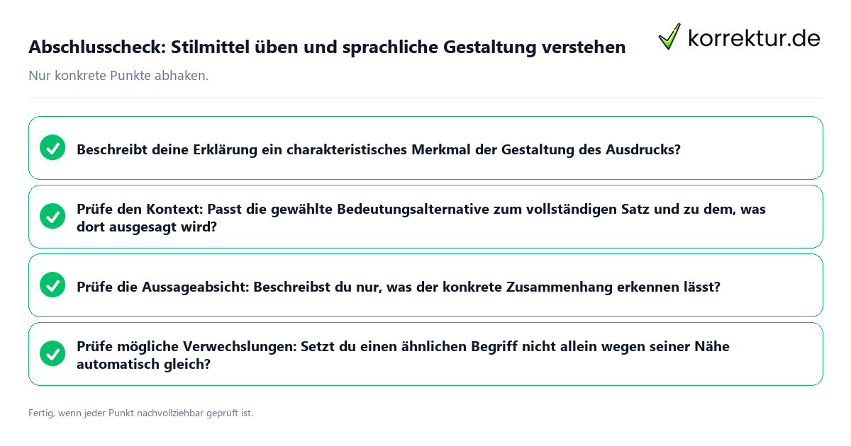 Konkreter Abschlusscheck zu Stilmittel üben und sprachliche Gestaltung verstehen