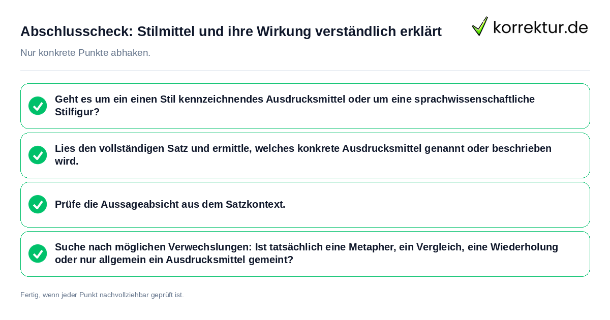 Abschlusscheck: Stilmittel und ihre Wirkung verständlich erklärt Konkreter Abschlusscheck zu Stilmittel und ihre Wirkung verständlich erklärt