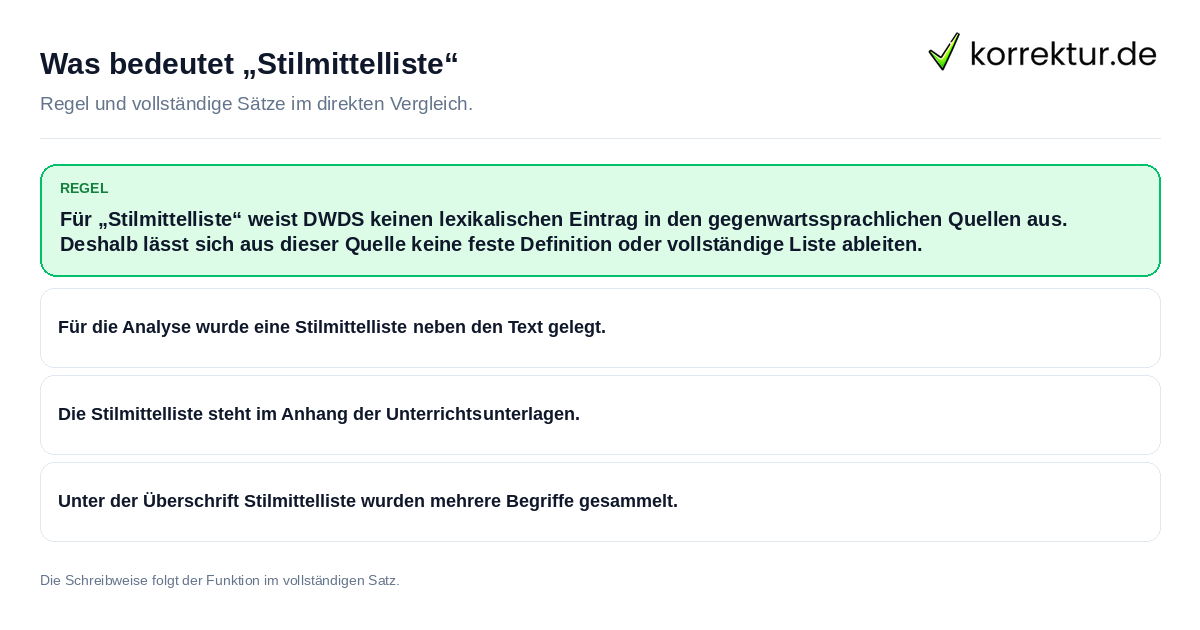 Was bedeutet „Stilmittelliste“ Konkrete Regel und vollständige Beispielsätze zu Was bedeutet „Stilmittelliste“