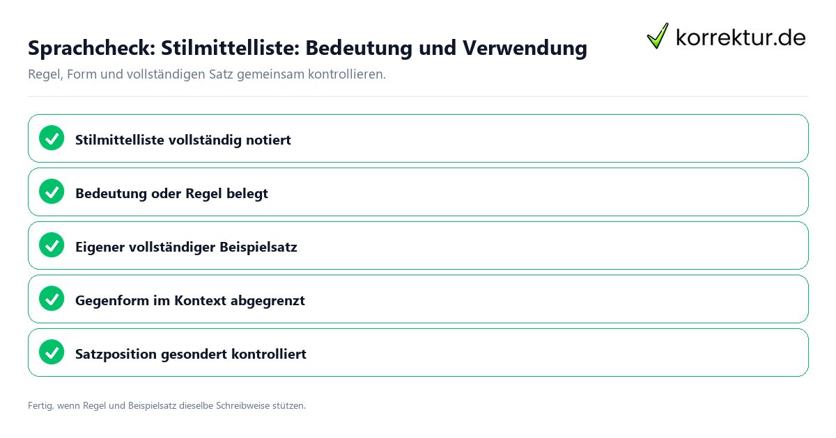 Konkreter Sprachcheck zu Stilmittelliste: Bedeutung und Verwendung mit Regel und vollständigem Beispielsatz