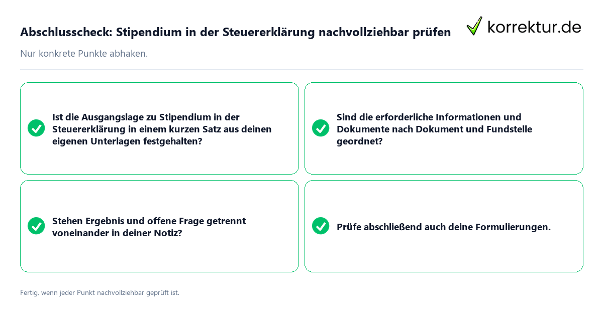 Konkreter Abschlusscheck zu Stipendium in der Steuererklärung nachvollziehbar prüfen