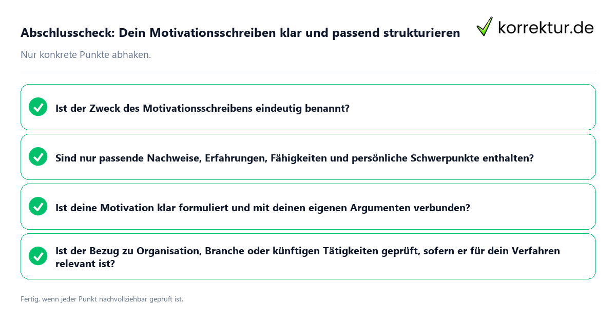 Konkreter Abschlusscheck zu Dein Motivationsschreiben klar und passend strukturieren