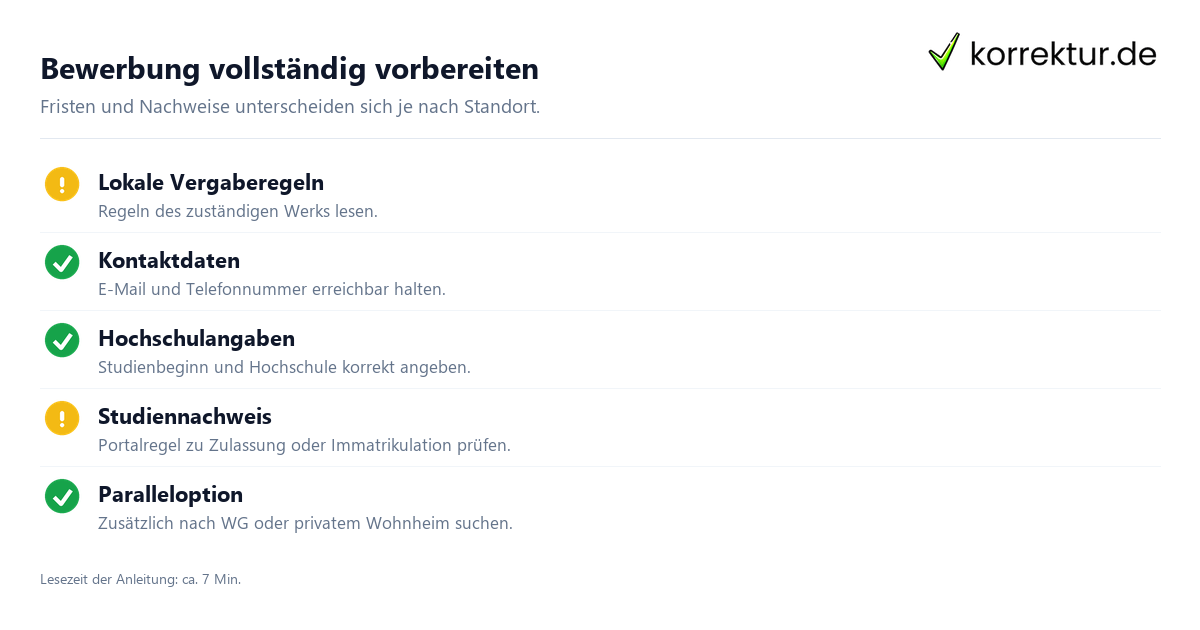 Bewerbung vollständig vorbereiten Studentenwohnheim Bewerbung: Unterlagen und Fristen prüfen