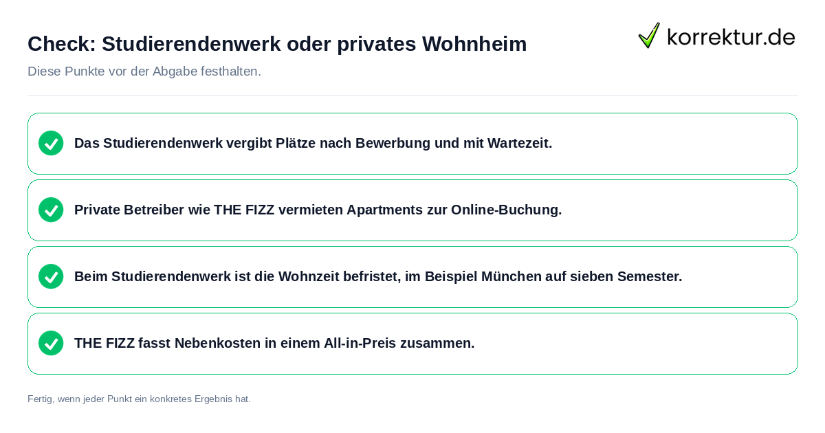 Check: Studierendenwerk oder privates Wohnheim Studierendenwerk oder privates Wohnheim: Prüfliste mit vier Punkten