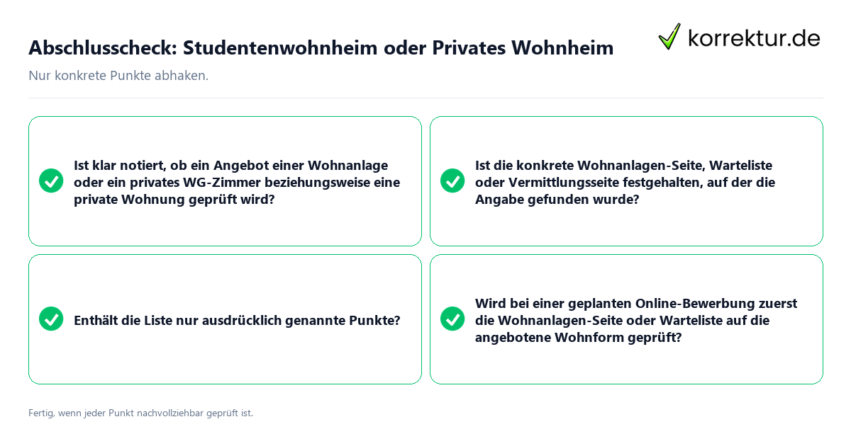 Konkreter Abschlusscheck zu Studentenwohnheim oder Privates Wohnheim