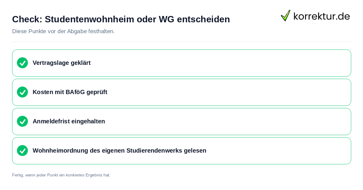 Check: Studentenwohnheim oder WG entscheiden Studentenwohnheim oder WG entscheiden: Prüfliste mit vier Punkten