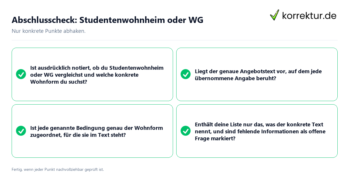 Konkreter Abschlusscheck zu Studentenwohnheim oder WG