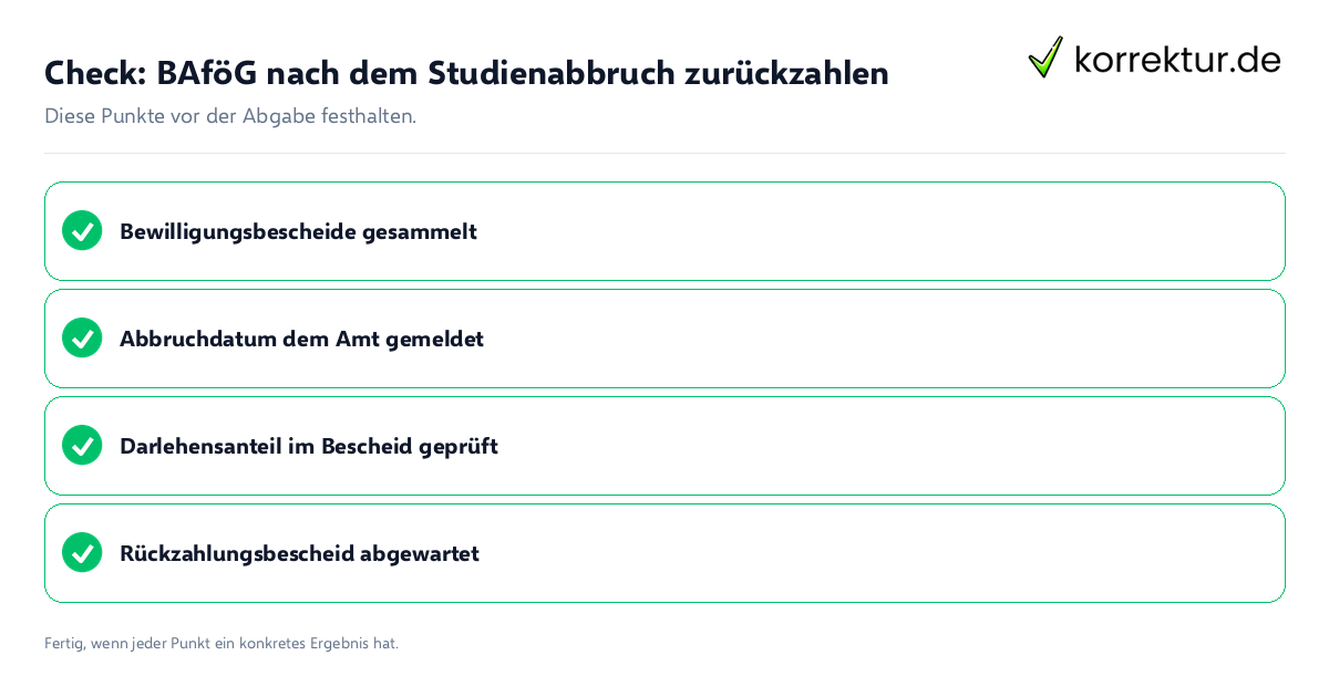 Check: BAföG nach dem Studienabbruch zurückzahlen BAföG nach dem Studienabbruch zurückzahlen: Prüfliste mit vier Punkten