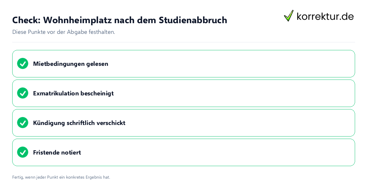 Check: Wohnheimplatz nach dem Studienabbruch Wohnheimplatz nach dem Studienabbruch: Prüfliste mit vier Punkten