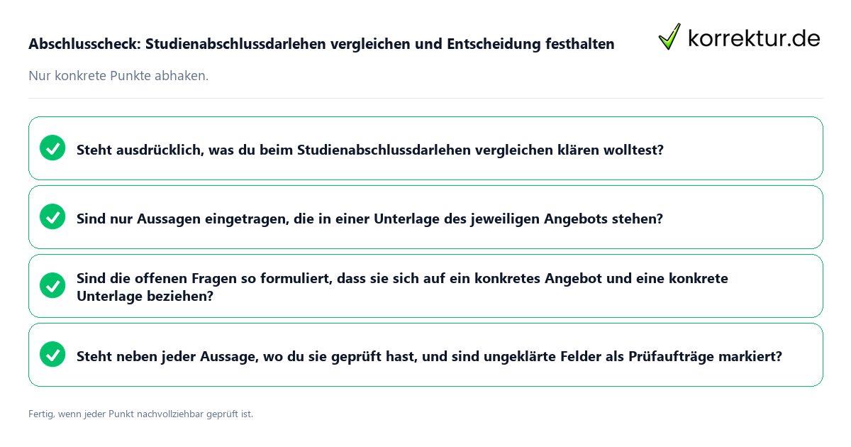 Konkreter Abschlusscheck zu Studienabschlussdarlehen vergleichen und Entscheidung festhalten